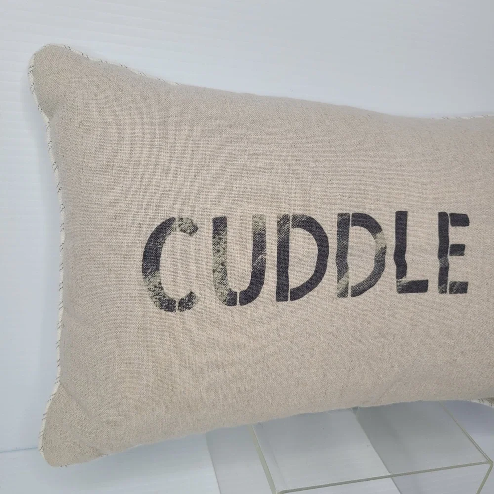 Pottery Barn Cuddle Up Pillow 9x15 Beige Stenciled Lumbar Striped Reverse